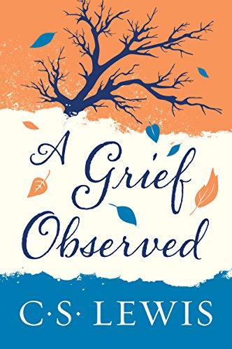 Book Cover for A Grief Observed, text in a script font with orange, cream and blue horizontal stripees and an autumn leaf-fall theme.